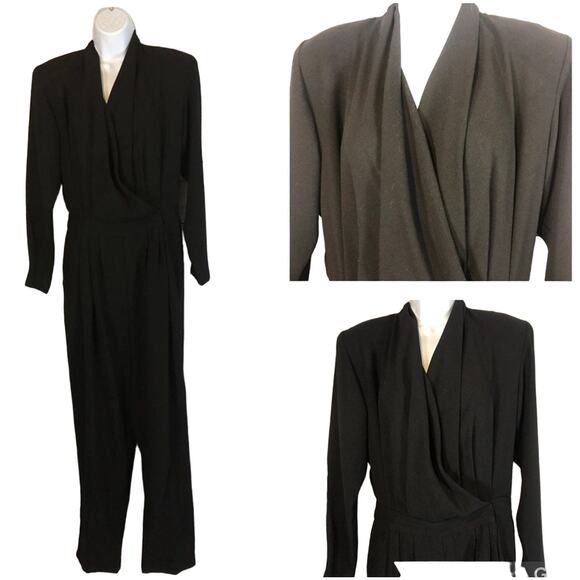 Vintage Regina Porter faux wrap V neck black Jumpsuit with pockets size 12 - Picture 1 of 12